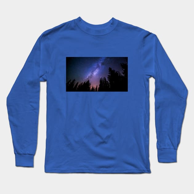 Conifers Reaching to Milky Way Long Sleeve T-Shirt by Alpenglow Workshop